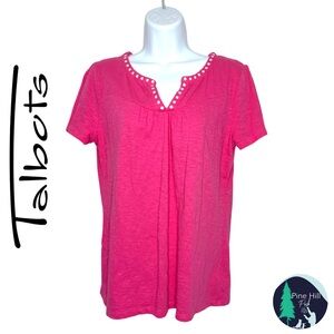 Talbots T-Shirt Top Womens XS Pink Polka Dot Split Neck Short Sleeve 100% Cotton